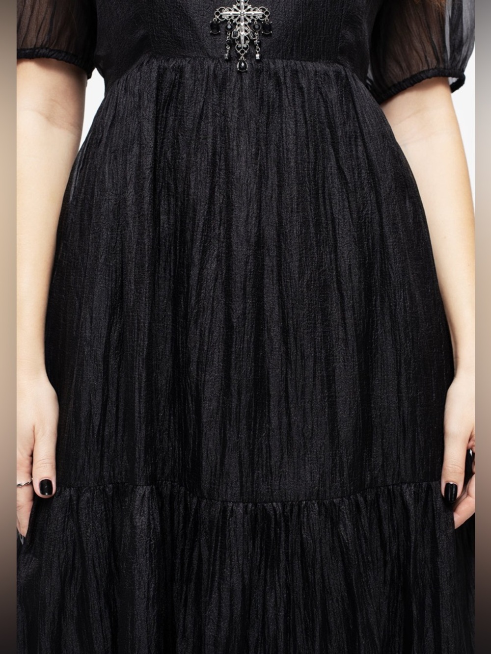 Disturbia Flatline Puff Sleeve Sheer Black Tiered Midi Dress US 8 - Picture 5 of 10